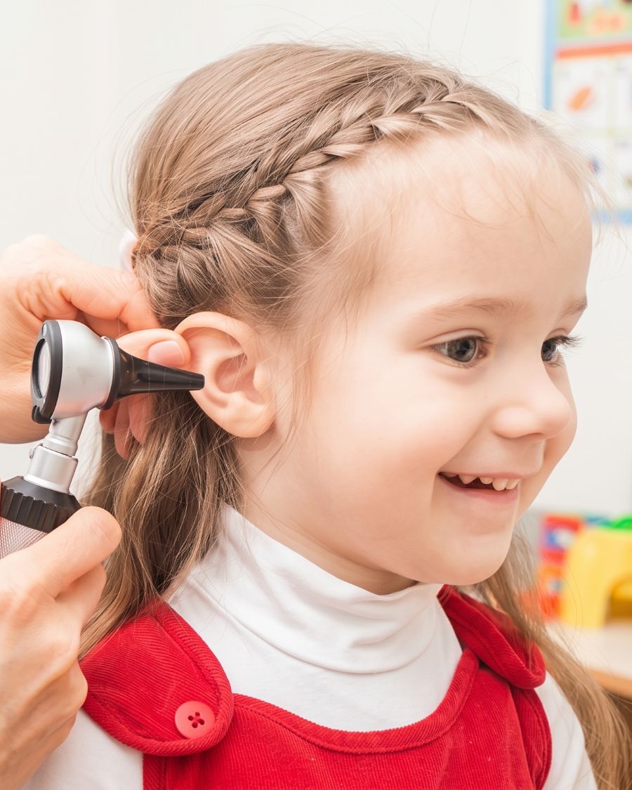 Otorrinopediatra examinando com otoscópio o ouvido de uma menina sorridente